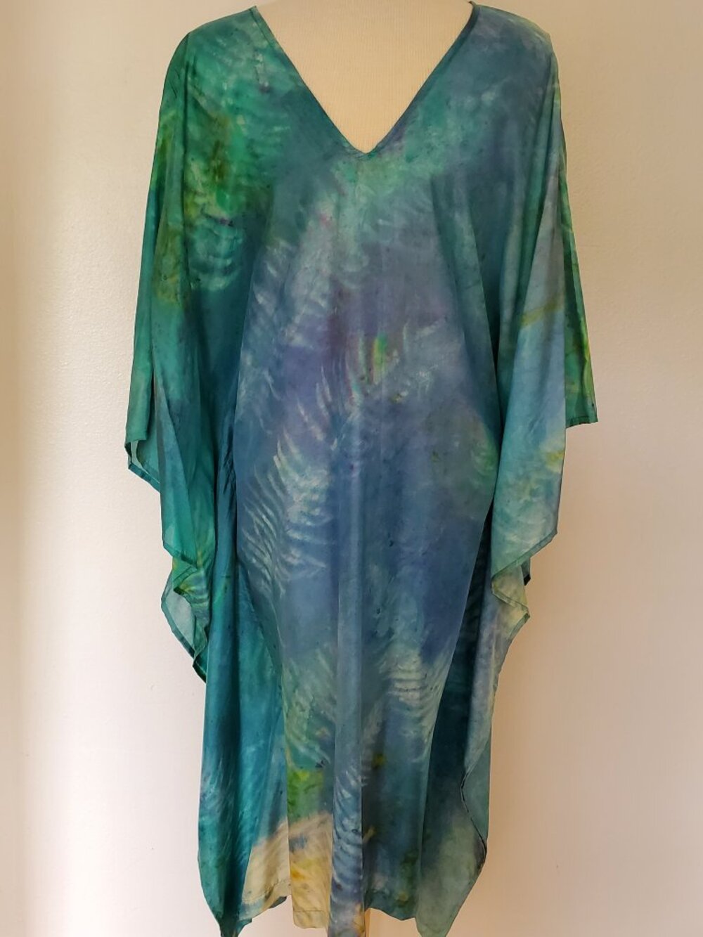Silk Caftan Kaftan beach coverup resort S M L XL green blue painted dyed purple